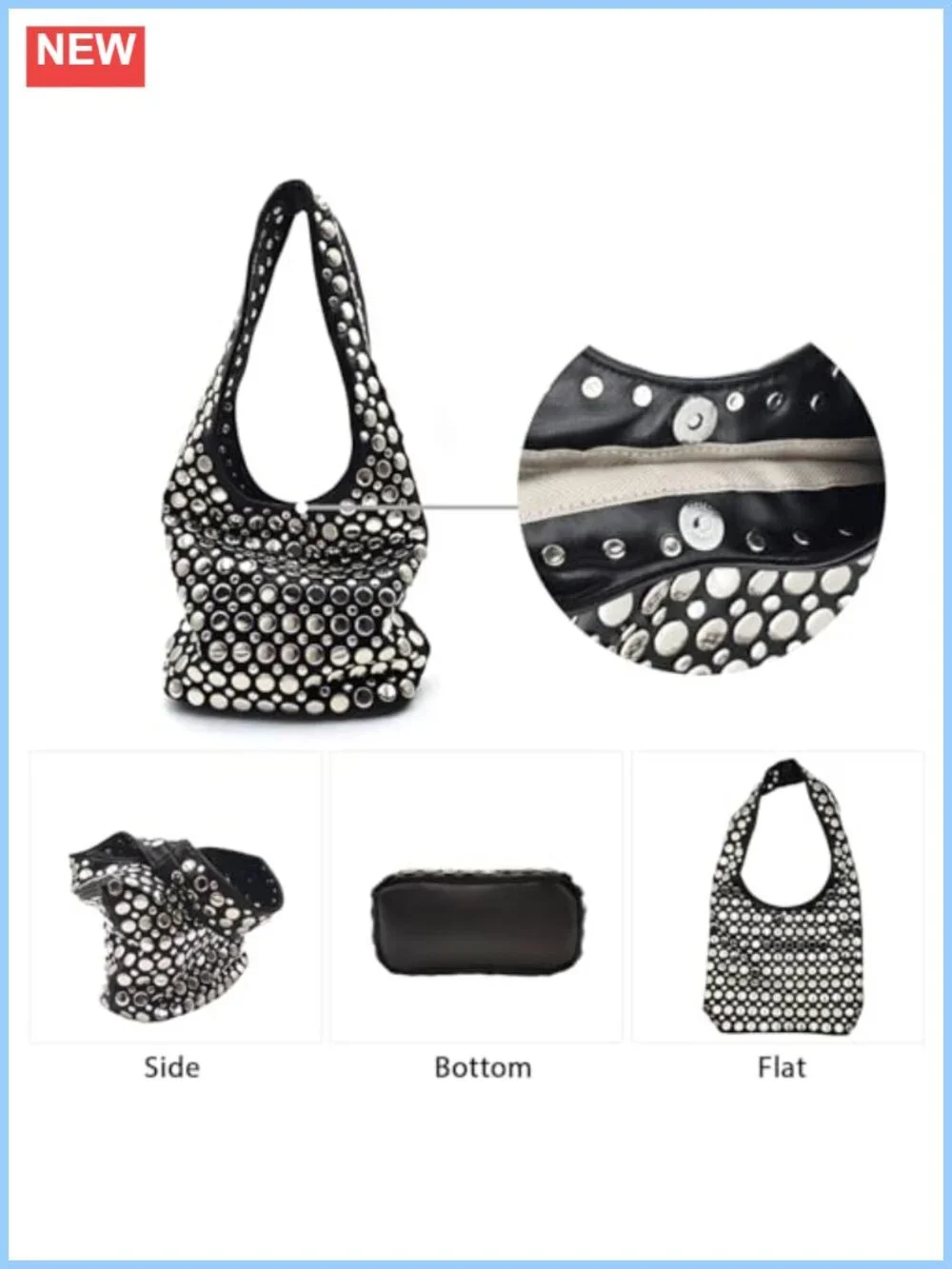 Y2K Hobo Shoulder Bag Studded Synthetic Leather Punk Top Handle Tote Purse